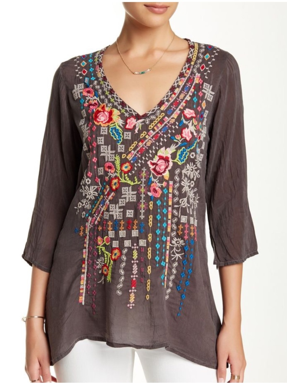 Johnny Was Gray Tunic Top with Multicolor Floral Embroidery